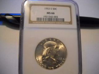 Coinhunters - 1953 - S Franklin Silver Half Dollar Ngc Ms66 Rare White Coin photo