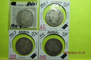Barber Half Dollar 1893 - S,  1910 - S,  1911,  And 1912 - D photo