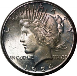 1924 - S Silver $1 Peace Dollar Bu - Bu+ Key Date Lt Tone photo