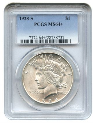 1928 - S $1 Pcgs Ms64+ Scarce Date Peace Silver Dollars photo