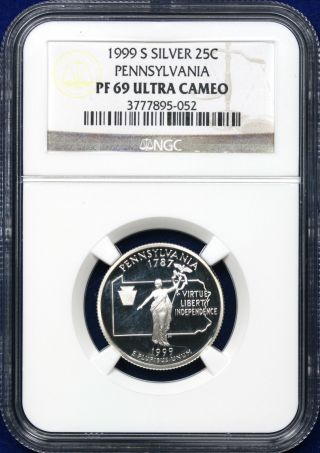 1999 - S Silver 25c Ngc Proof 69 Ultra Cameo Pennsylvania State Quarter photo