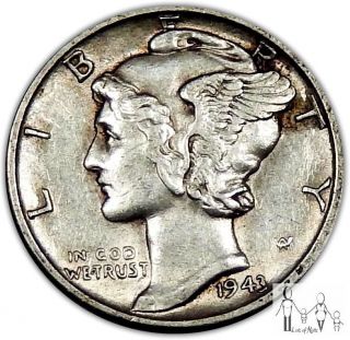 1943 (p) About Uncirculated Au Mercury Silver Dime 10c Us Coin B89 photo