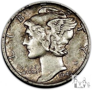 1943 (p) About Uncirculated Au Mercury Silver Dime 10c Us Coin B90 photo