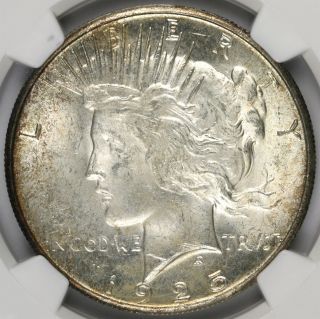 1925 - S $1 Ngc Ms64 Silver Peace Dollar W/ Gold Edge Toning photo