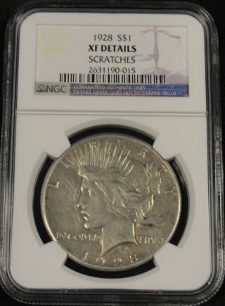 1928 Peace Silver Dollar Coin Rare Key Date Ngc Xf Eb20 - 015 photo
