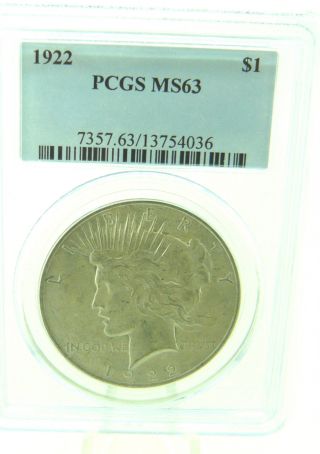 1922 $1 Pcgs Ms63 Peace Silver Dollar (847) photo