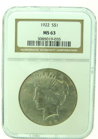 1922 $1 Ngc Ms63 Peace Silver Dollar (808) photo