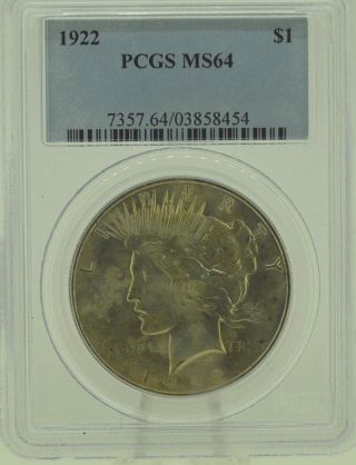 1922 $1 Pcgs Ms64 Peace Silver Dollar (957) photo