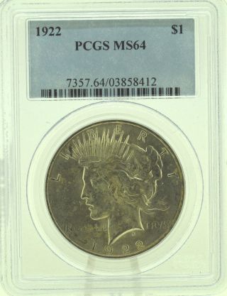 1922 $1 Pcgs Ms64 Peace Silver Dollar (960) photo