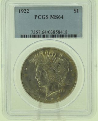 1922 $1 Pcgs Ms64 Peace Silver Dollar (959) photo