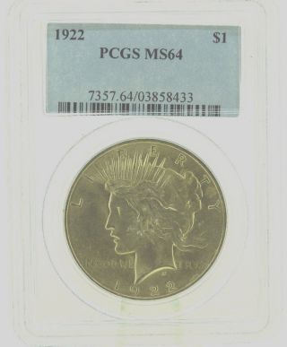 1922 $1 Pcgs Ms64 Peace Silver Dollar (958) photo