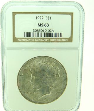 1922 $1 Ngc Ms63 Peace Silver Dollar (837) photo