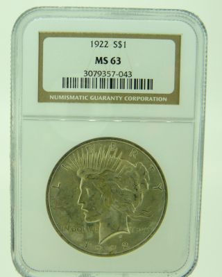 1922 $1 Ngc Ms63 Peace Silver Dollar (833) photo