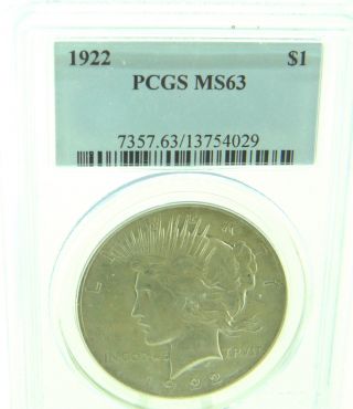 1922 $1 Pcgs Ms63 Peace Silver Dollar (849) photo
