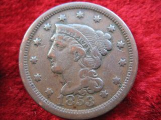 1853 U.  S.  Large Cent,  Better Grade Historic Coin Great Color Fast photo