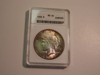 1928 - P Peace Dollar Ms 64 Slab Coin By Anacs photo