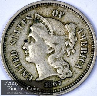 1867 Cuni 3 - Cent Piece Great Looking Mid - Grade Three Cent Nickel Type Coin photo