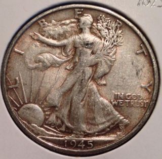 1945 S Walking Liberty Half Dollar,  Extra Fine 90% Silver.  U.  S.  Coin.  S&h photo