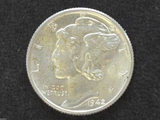 1942 - P Mercury Bu Dime Full Bands 90% Silver U.  S.  Coin D7759 photo
