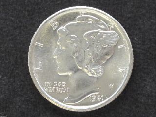 1941 - S Mercury Bu Dime Full Bands 90% Silver U.  S.  Coin D7752 photo