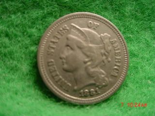 1881 Nickel 3 Cent,  About Uncirculated+ photo