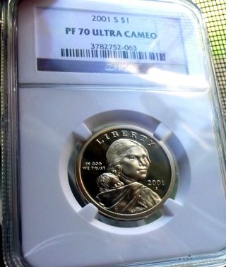 2001 - S Ngc Pf70 Ultra Cameo Sacagawea Golden Dollar $1 photo