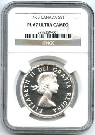 1963 Ngc Pl67 Ultra Cameo Canada $1 Silver Dollar Proof Like photo