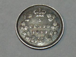 1891 Canadian Five Cent Silver Coin (xf) 9317 photo