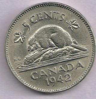 1942 Canada 5 Cent Extremely Rare Error Struck Through Nickel Wash photo