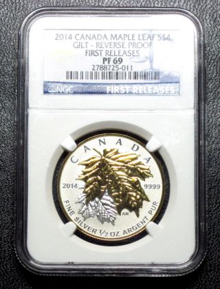 2014 Canada Silver 1/2 Oz Maple Leaf $4 Ngc Pf69 Gilt Reverse Proof photo