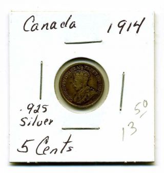 Canada Five Cents 1914, .  925 Silver,  Vf+ photo