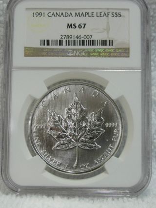 1991 $5 Canada Silver Maple Leaf Ngc Graded Ms 67 photo