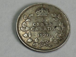 1920 Canadian Five Cent Silver Coin (xf+) 5513 photo