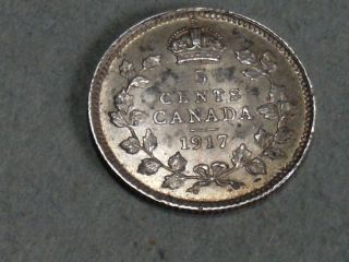 1917 Canadian Five Cent Silver Coin (au) 5552 photo