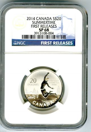 2014 $20 Canada Silver Summertime Ngc Sp68 First Releases Blue Label 1/4 Ounce photo