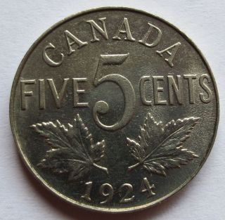 1924 Canada 5 Cents Coin,  Ch Au,  Better Date & Grade Canadian Piece (190827c) photo