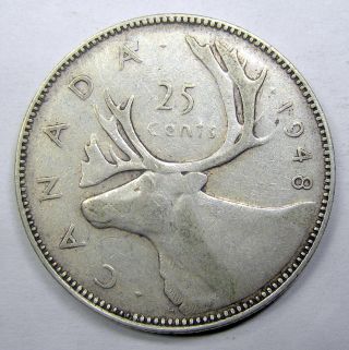 1948 Twenty - Five Cents Vf - 20 Scarce Date Low Mintage Key Canada Silver Quarter photo