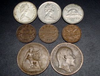 Canada Quarter 1966,  68,  Small Cent Penny 1921,  36,  42,  England Large Cent 1909,  1914 photo