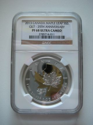 2013 Canada $5 Silver Maple Leaf - 25th Anniversary Proof - Gilt - Ngc Pf68 photo