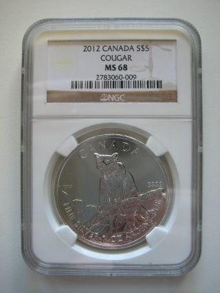 2012 Canada $5 Silver Maple Leaf - Wildlife Series - Cougar - Ngc Ms68 photo