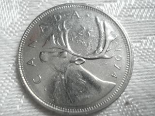 Canadian Quarter - 1974 - Circulated - 2 Tiny Marks Deer Neck Area - One Is Star photo