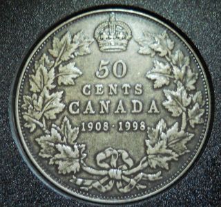 Scarce 1908 - 1998 Canada 90th Anniversary Fifty Cent Silver.  925 Coin Antique photo