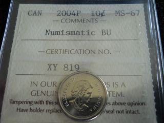 2004p Canadian Ten Cent Coin Bu Certified Ms - 67 By I.  C.  C.  S. photo