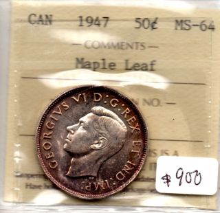 1947 Canada 50 Cent Iccs Graded State - 64 Maple Leaf $900 C4334 photo
