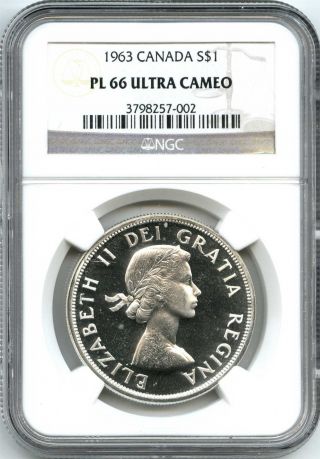 1963 Ngc Pl66 Cameo Canada $1 Silver Dollar Proof Like photo