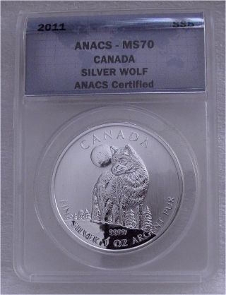 2011 Canada Silver 5 Dollars,  Maple Leaf,  Silver Wolf Anacs Ms70 Gem photo
