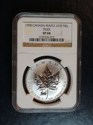1998 Silver Canada $5 Dollar Maple Leaf Tiger Privy Mark Ngc Sp68 Coin.  9999 photo