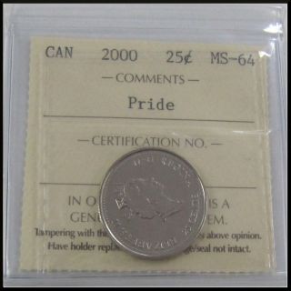 Canada 2000 Pride 25 Cent Nickel Coin Certified Iccs Ms - 64 Su 728 photo