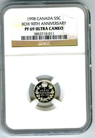 1908 - 1998 Canada Silver Proof 5 Cent Ngc Pf69 Rcm 90th Anniversary Nickel photo