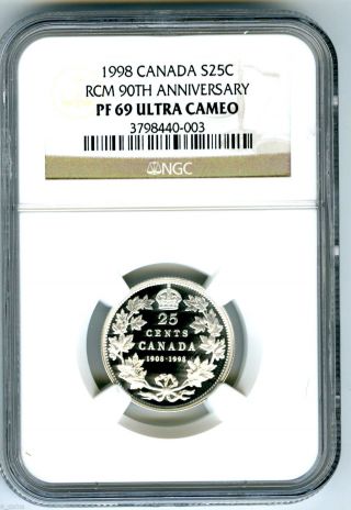 1908 - 1998 Canada Silver Proof 25 Cent Ngc Pf69 Ucam Rcm 90th Anniversary Quarter photo